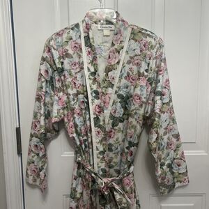 Vintage Christian Dior Cotton Long Belted Robe Shoulder Padded Floral Medium